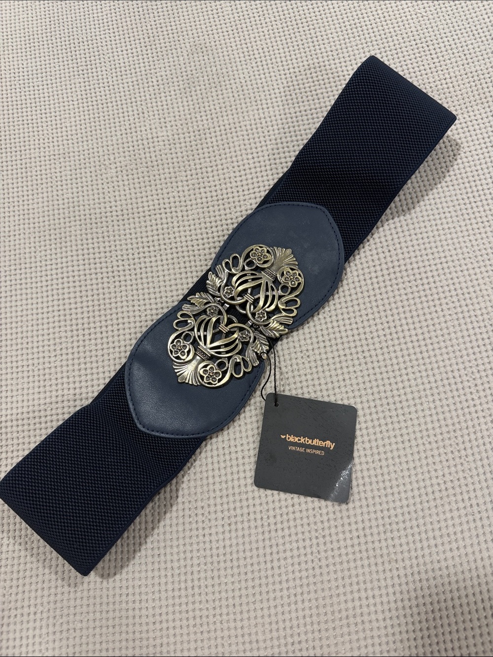 Black Butterfly Navy Elastic Belt with Ornate Gold Buckle